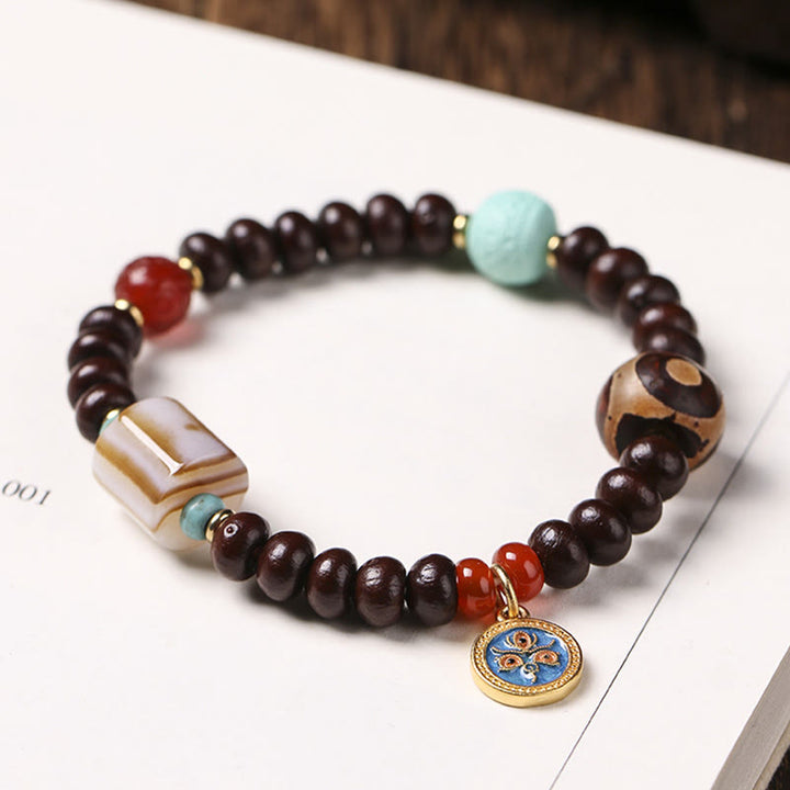 Buddha Stones Natural Tibet Purple Bodhi Seed Dzi Bead God of Wealth Wisdom Bracelet