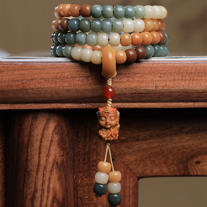 Buddha Stones 108 Mala Beads Gradient Bodhi Seed Green Tara Buddha Engraved Peace Harmony Bracelet