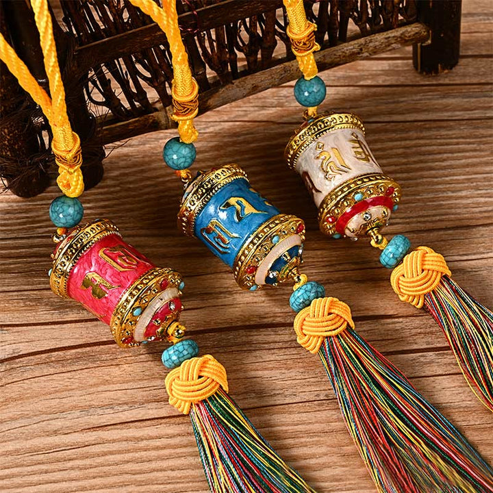 Tibet Om Mani Padme Hum Prayer Wheel Colorful Tassels Bag Car Hanging Decoration