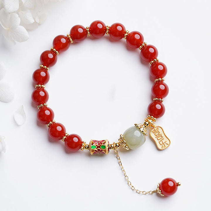 Buddha Stones Natural Red Agate Hetian Jade Fu Character Confidence Charm Bracelet