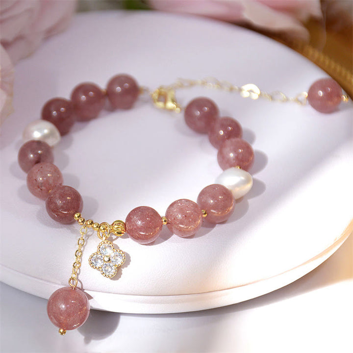 Buddha Stones Natural Strawberry Quartz Pearl Four Leaf Clover Love Bracelet