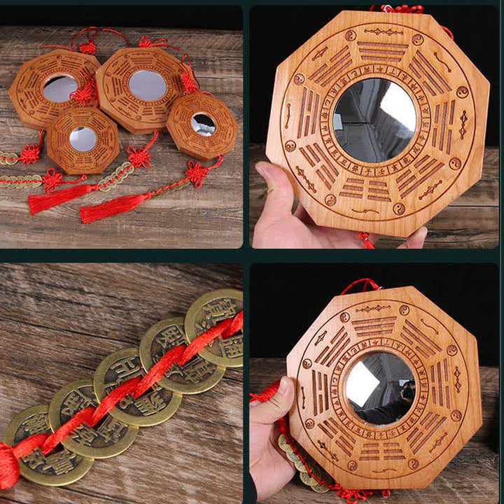 Feng Shui Bagua Map Peach Wood Five-Emperor Coins Chinese Knotting Balance Energy Map Mirror