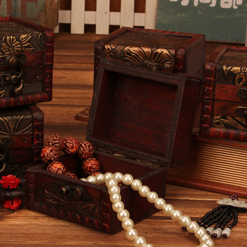 Buddha Stones Retro Small Square Wood Jewelry Box Lotus Grass Flower Grape Copper Coin Daffodil Jewelry Storage Box