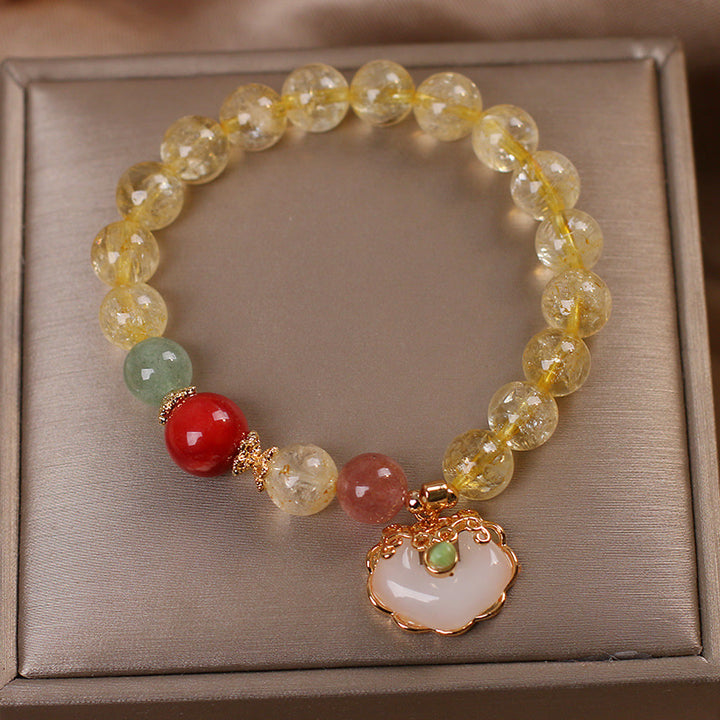 Buddha Stones Natural Citrine White Jade Strawberry Quartz Protection Charm Bracelet