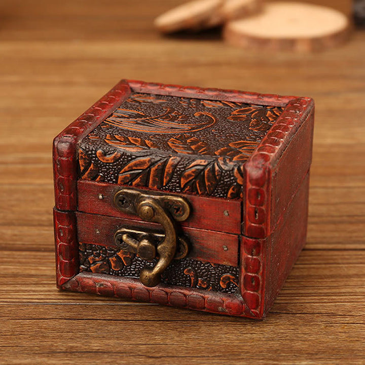 Buddha Stones Retro Small Square Wood Jewelry Box Lotus Grass Flower Grape Copper Coin Daffodil Jewelry Storage Box