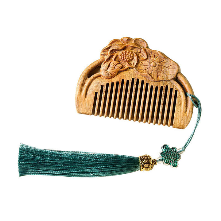 Natural Green Sandalwood Lotus Flower Leaf Engraved Soothing Comb