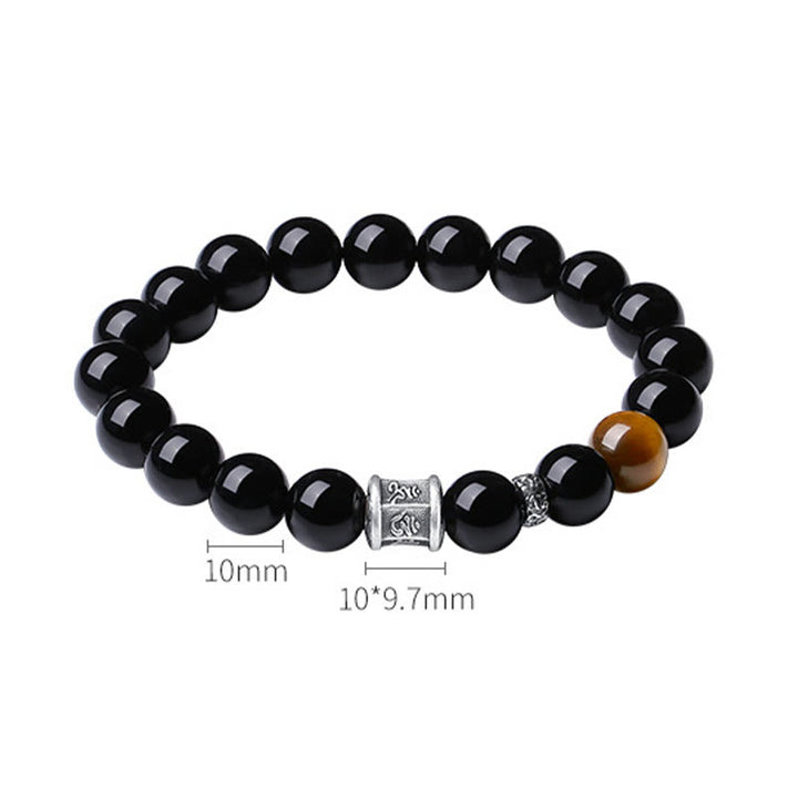 Buddha Stones 999 Sterling Silver Black Obsidian Tiger Eye Om Mani Padme Hum Fulfillment Bracelet