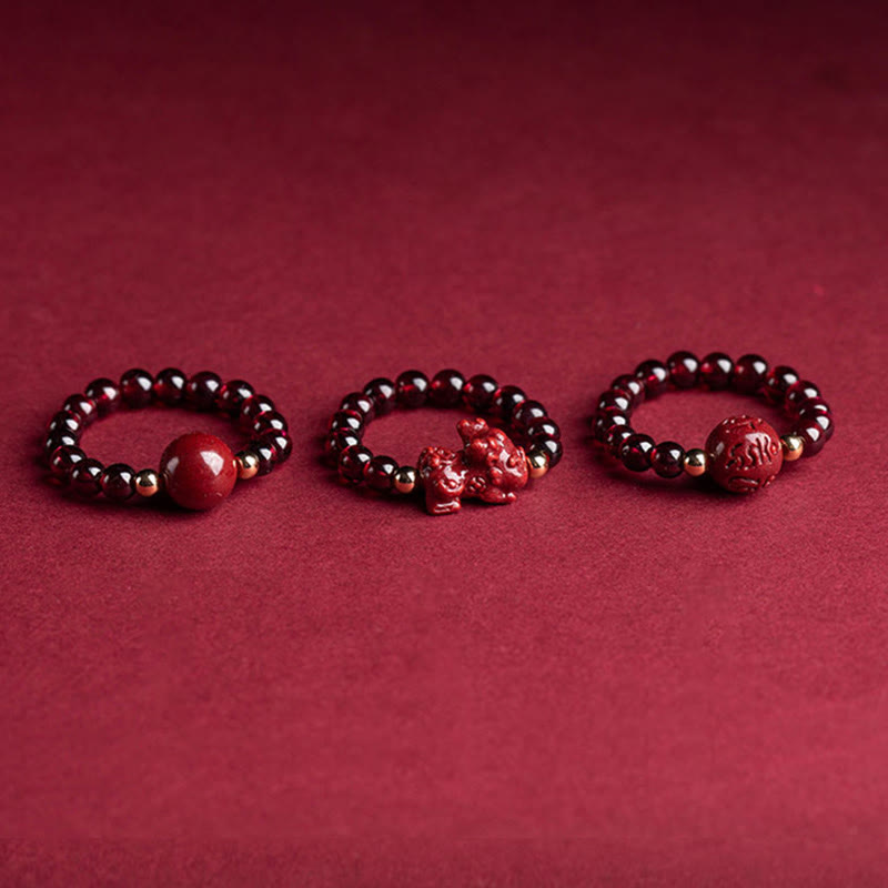 Buddha Stones Garnet Cinnabar Lucky Bead PiXiu Om Mani Padme Hum Rose Protection Ring