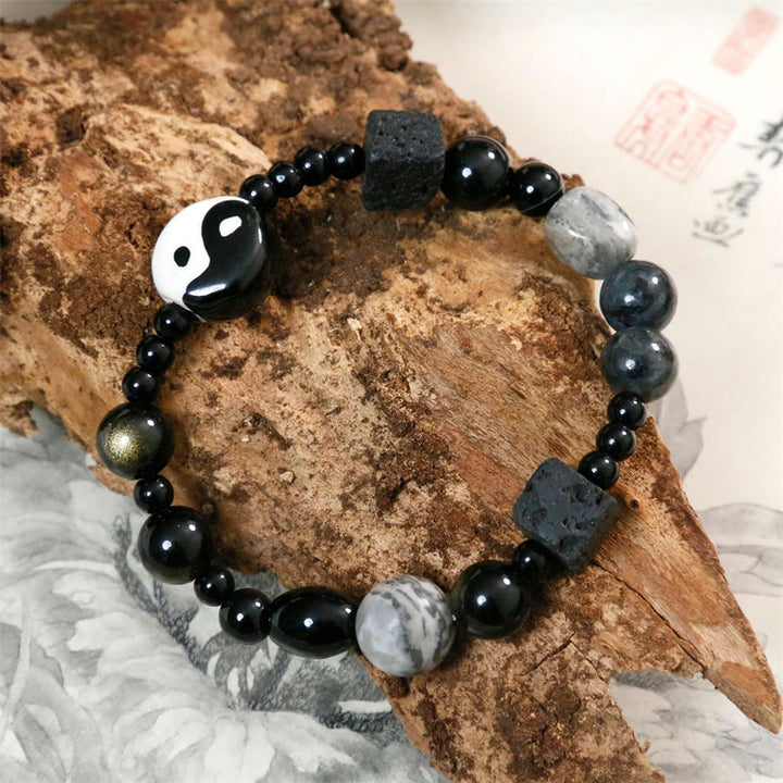 Buddha Stones Black Onyx Picasso Jasper Bead Yin Yang Fortune Protection Bracelet