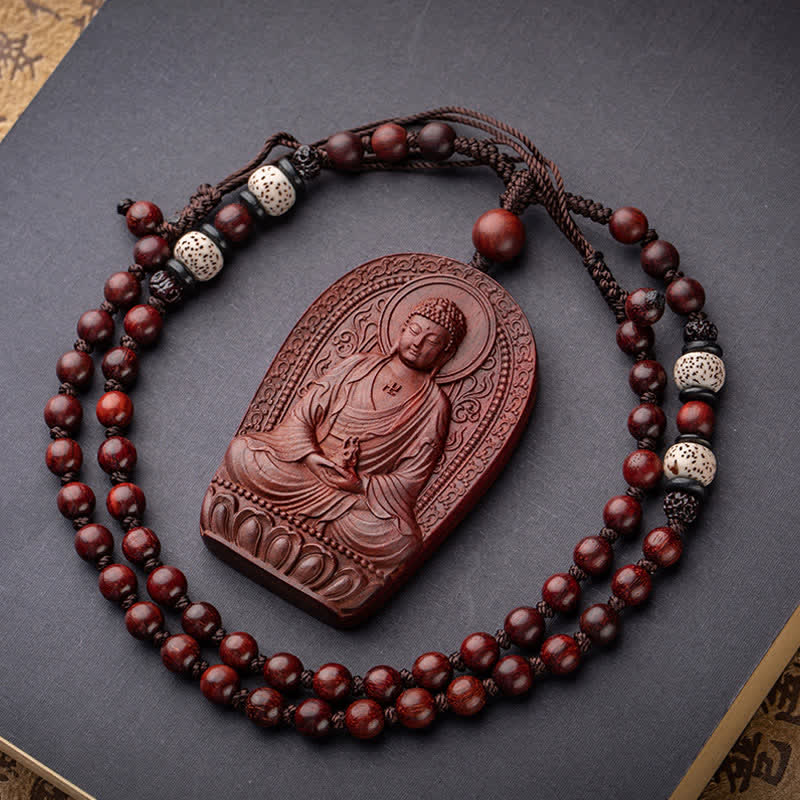 Chinese Zodiac Natal Buddha Small Leaf Red Sandalwood Lotus Protection Necklace Pendant