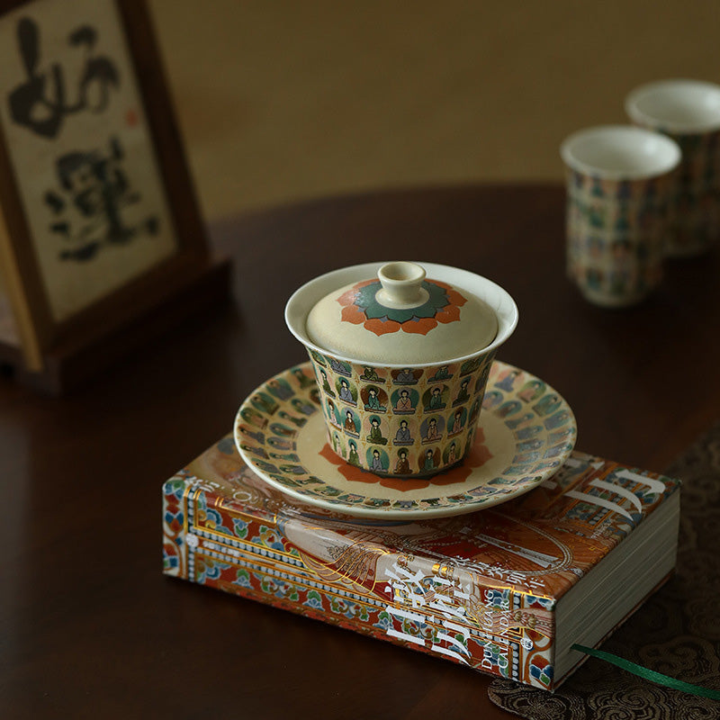 Buddha Stones Dunhuang Color Thousand Buddhas Flying Apsaras Pattern Gaiwan Teacup Kung Fu Tea Cup With Lid