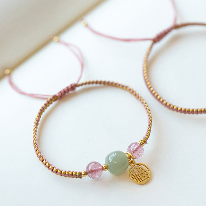 Buddha Stones Handmade Strawberry Quartz Hetian Jade Bead Fu Character Healing Bracelet