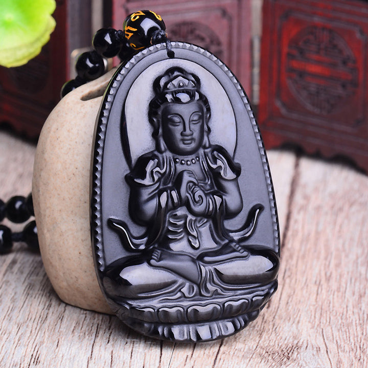 Buddha Stones Chinese Zodiac Obsidian Buddha Amulet Protection Pendant Necklace