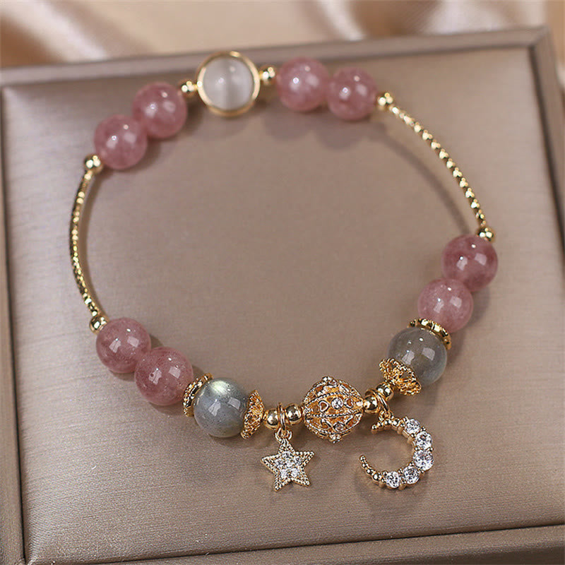 Buddha Stones Strawberry Quartz Moonstone Moon Star Love Bracelet