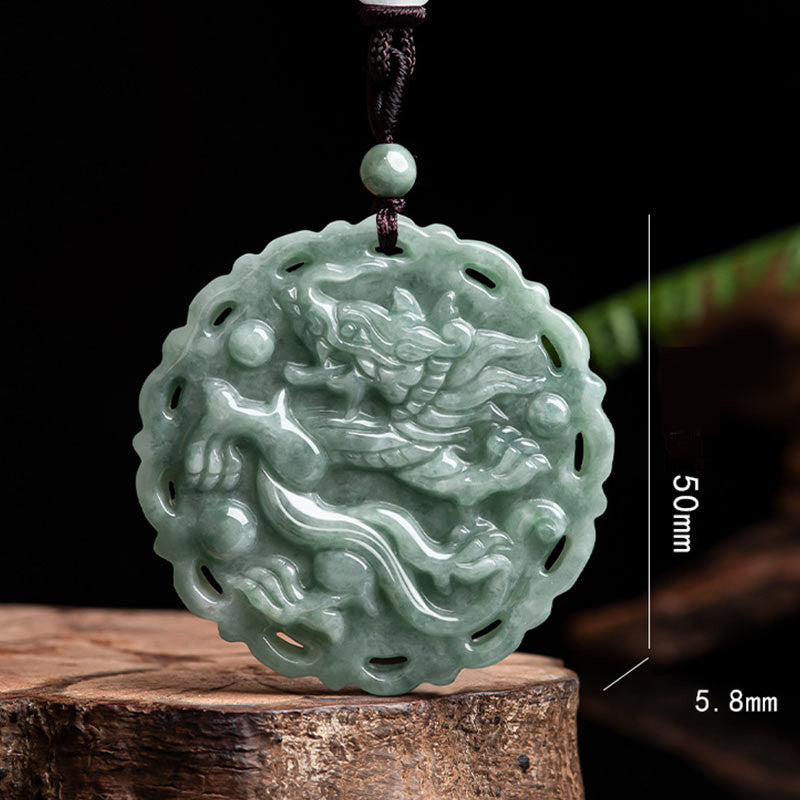 Chinese Zodiac Dragon Phoenix Round Jade Luck Necklace String Pendant