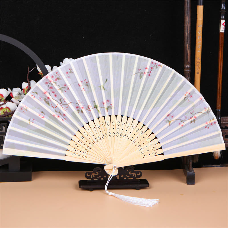 Buddha Stones Classic Birds Singing Flowers Handheld Bamboo Folding Fan