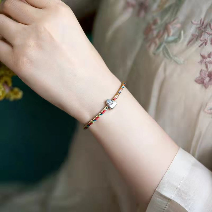 Buddha Stones 925 Sterling Silver Fu Character Zongzi Pattern Multicolored String Luck Handmade Braided Bracelet