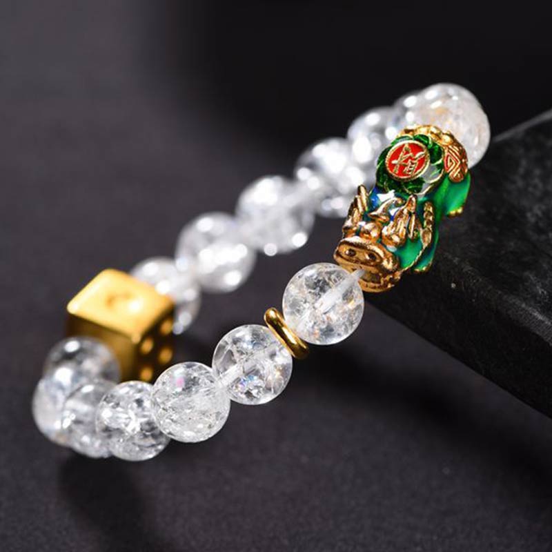 Buddha Stones Color-Changing Pixiu White Crystal Dice Wealth Bracelet