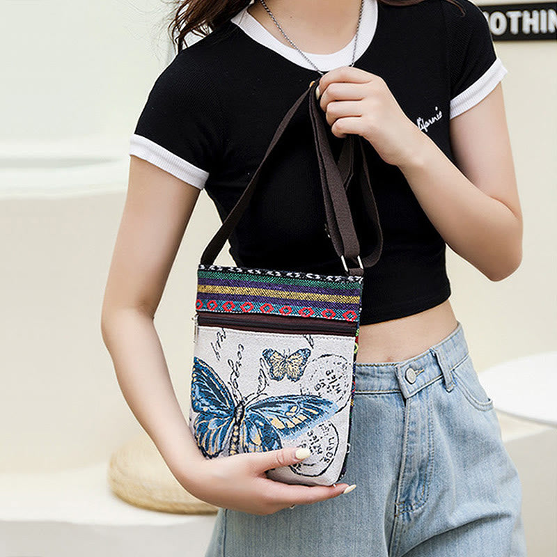 Elephant Butterfly Embroidered Canvas Tote Bag Shoulder Bag Crossbody Bag