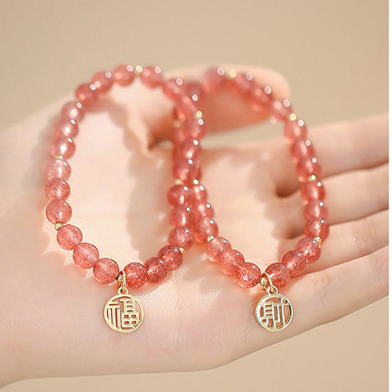 Buddha Stones 14K Gold Plated Strawberry Quartz Fu Character Healing Charm Bracelet