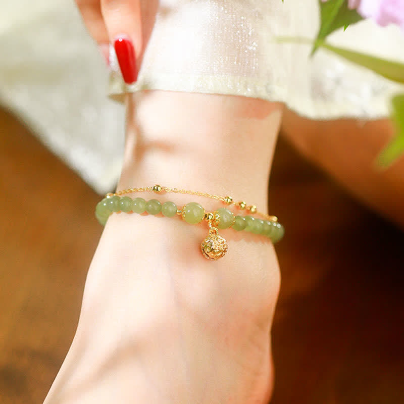 Natural Hetian Jade Luck Bell Charm Beaded Anklet