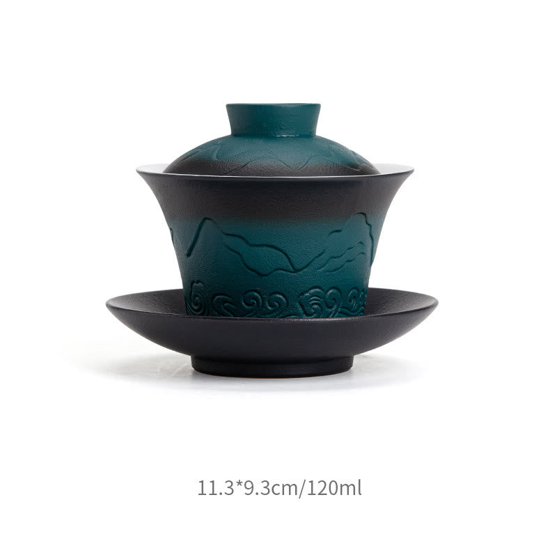 Buddha Stones Retro Blue Ocean Sea Waves Gradient Ceramic Gaiwan Sancai Teacup Kung Fu Tea Cup And Saucer With Lid