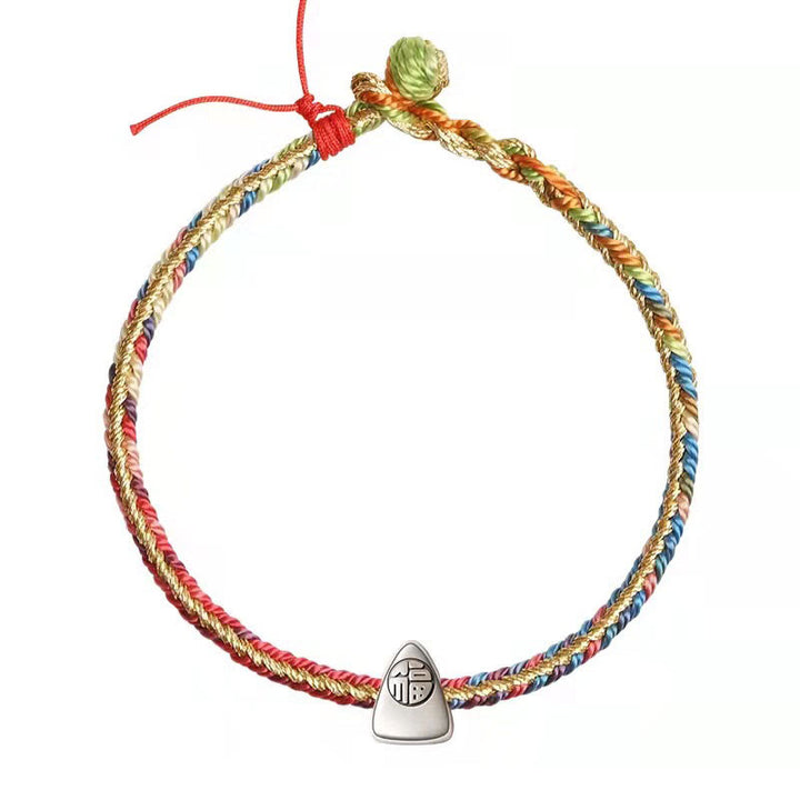 Buddha Stones 925 Sterling Silver Fu Character Zongzi Pattern Multicolored String Luck Handmade Braided Bracelet