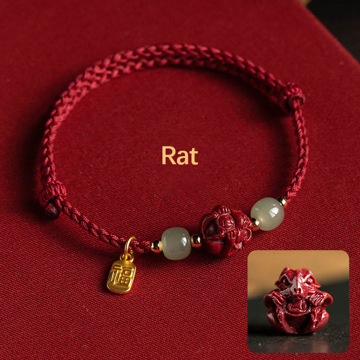 Buddha Stones Natural Cinnabar Chinese Zodiac Hetian Jade Fu Character Luck Rope Bracelet