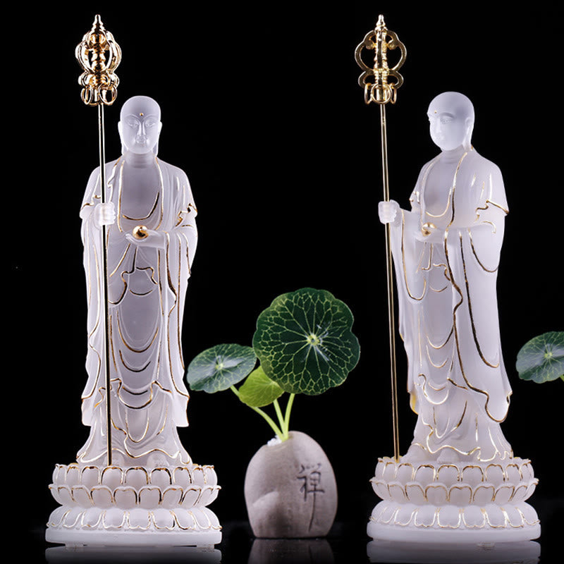 Buddha Stones Handmade Ksitigarbha Bodhisattva Figurine Liuli Crystal Art Piece Serenity Statue Home Decoration