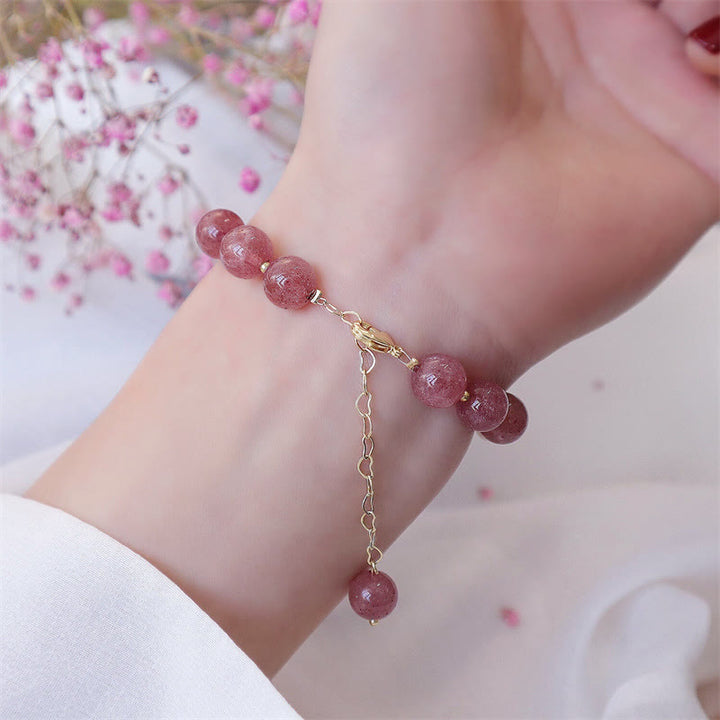 Buddha Stones Natural Strawberry Quartz Pearl Four Leaf Clover Love Bracelet