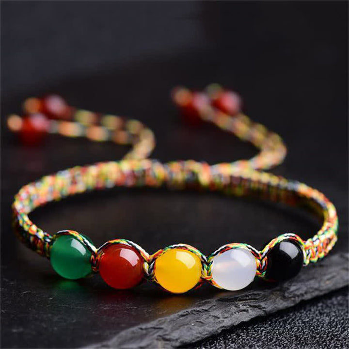 Colorful Agate Metal Wood Water Fire Earth Five Elements String Bracelet