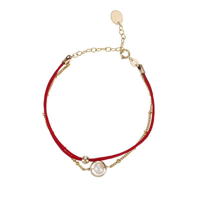 Buddha Stones 14K Gold Plated Pearl Bead Luck Red String Double Layer Bracelet