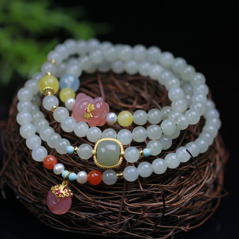 Natural Hetian Jade Pink Crystal Peace Buckle Happiness Abundance Bracelet