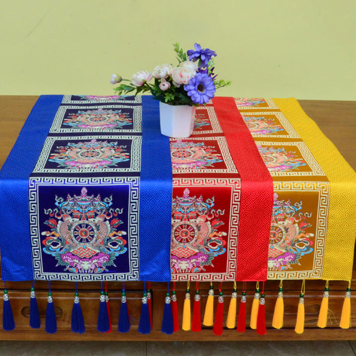 Prayer Altar Mat Man-Bcu Kalachakra Endless Knot Vajra Tibetan Auspicious Symbols Tassels Table Runner