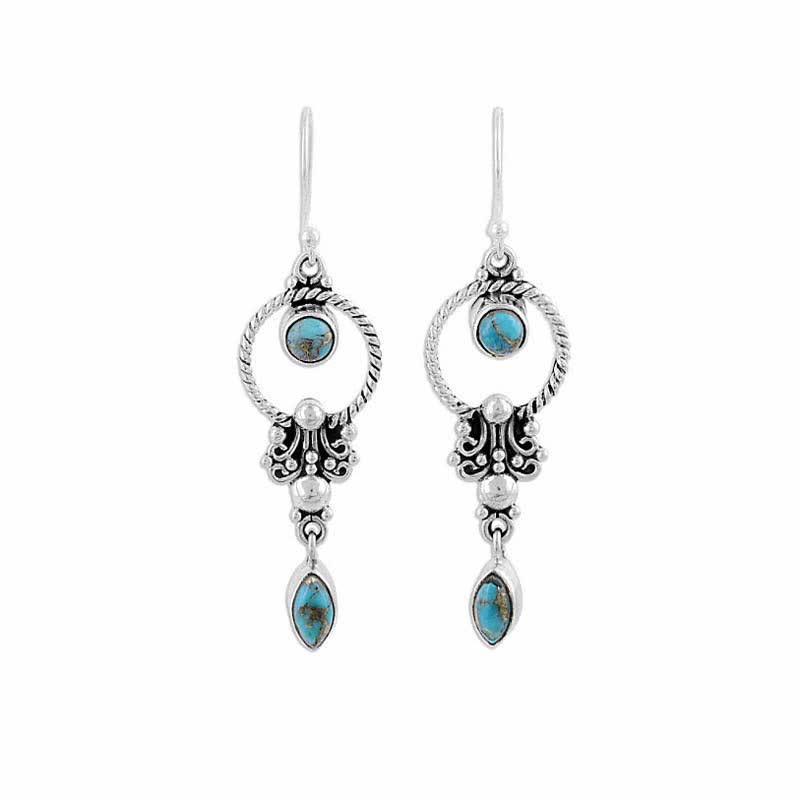 925 Sterling Silver Vintage Turquoise Waterdrop Pattern Balance Drop Dangle Earrings