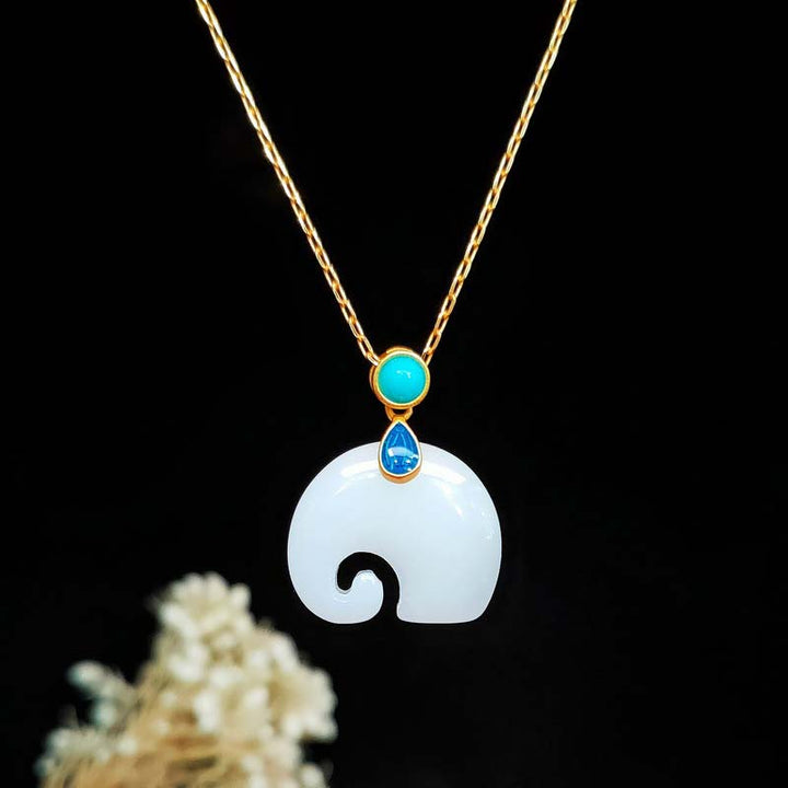 Buddha Stones White Jade Elephant Luck Fortune Necklace Pendant