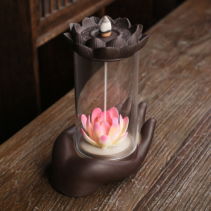 Buddha Stones Buddha Hand Lotus Enlightenment LED Light Purple Clay Ceramic Incense Burner Decoration