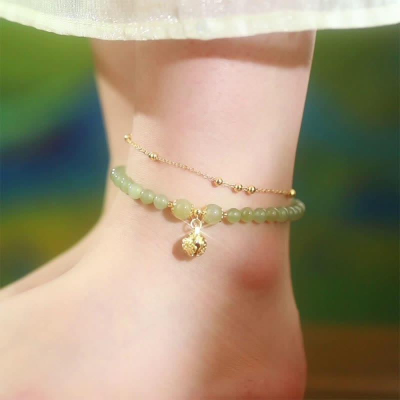 Natural Hetian Jade Luck Bell Charm Beaded Anklet