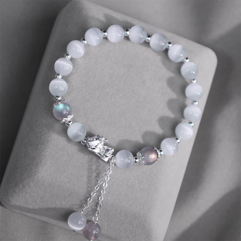 Buddha Stones Natural Cat's Eye Moonstone Strawberry Quartz PiXiu Support Bracelet