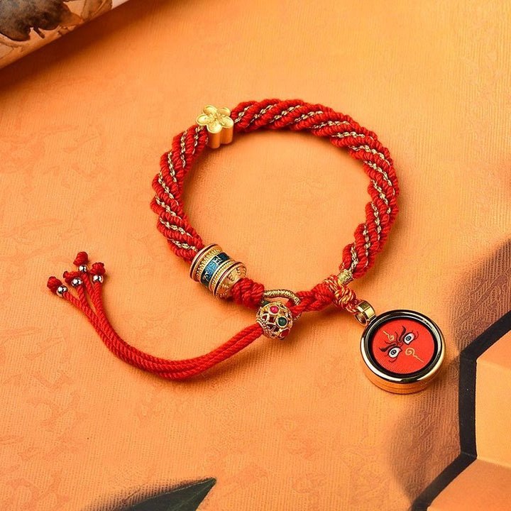 Tibet Handmade Five God Of Wealth Luck Thangka Amulet Prayer Wheel Flower Charm Weave String Bracelet