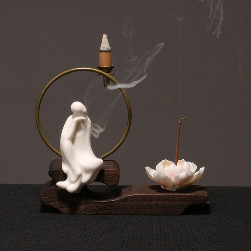 Buddha Stones Ceramic Lotus Healing Meditation Incense Burner Decoration