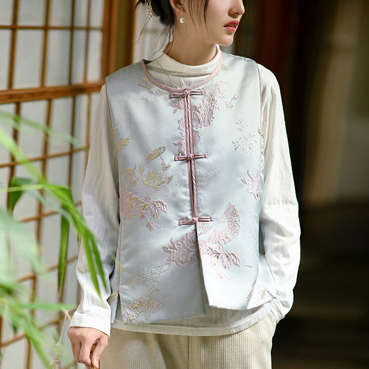 Buddha Stones Crane Flowers Grass Embroidery Clothing Chinese Vest Women Clothing