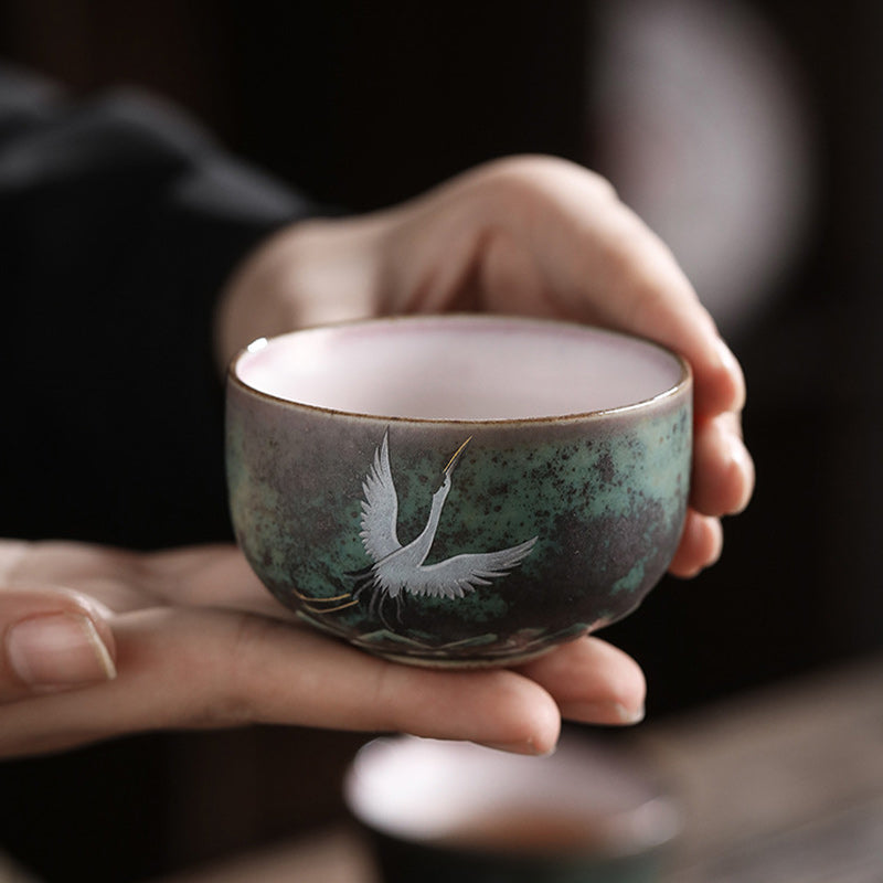 Buddha Stones Auspicious Crane Ceramic Teacup Kung Fu Tea Cup Bowl