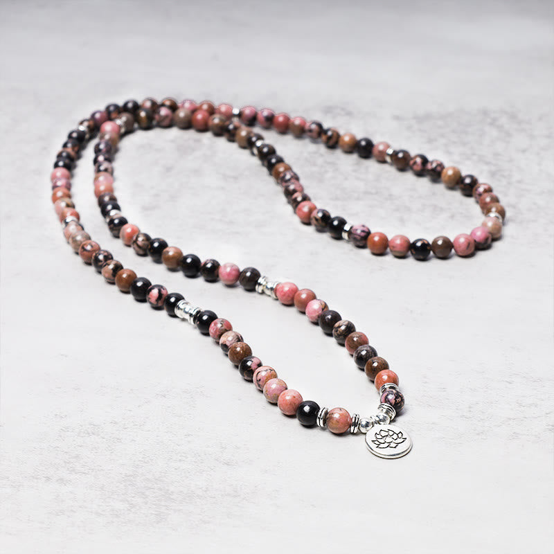 Buddha Stones 108 Mala Beads Rhodonite Lotus Compassion Energy Bracelet