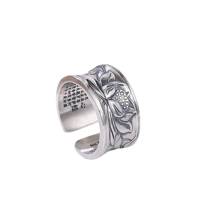 999 Sterling Silver Lotus Flower Heart Sutra Protection Ring