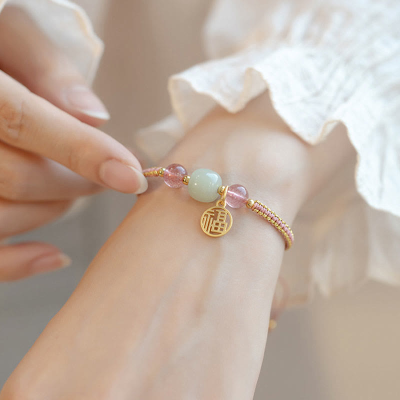 Buddha Stones Handmade Strawberry Quartz Hetian Jade Bead Fu Character Healing Bracelet