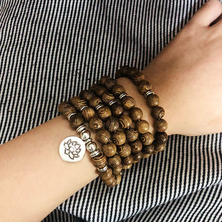 Buddha Stones Tibetan Lightning Strike Wood Bracelet Lotus Buddha Mala