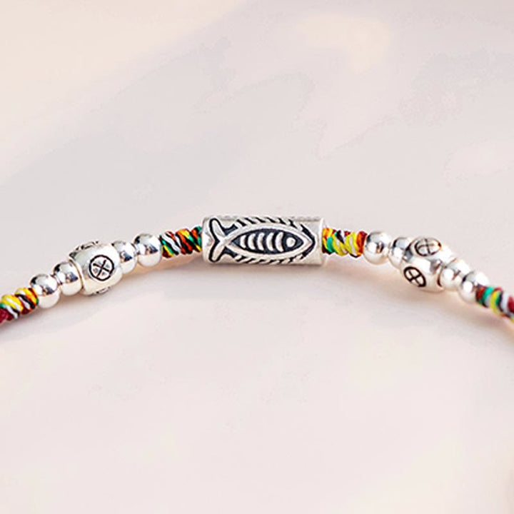 Buddha Stones 925 Sterling Silver Luck Koi Fish Braided Colorful String Bracelet Anklet