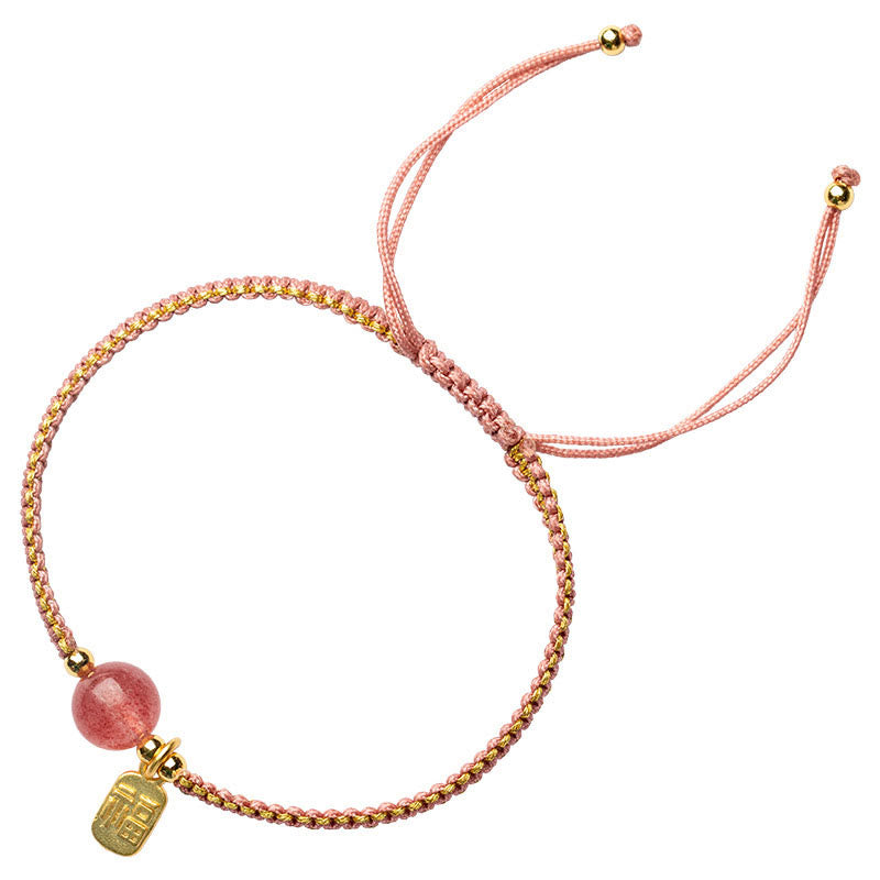 Buddha Stones Handmade Strawberry Quartz Hetian Jade Bead Fu Character Healing Bracelet