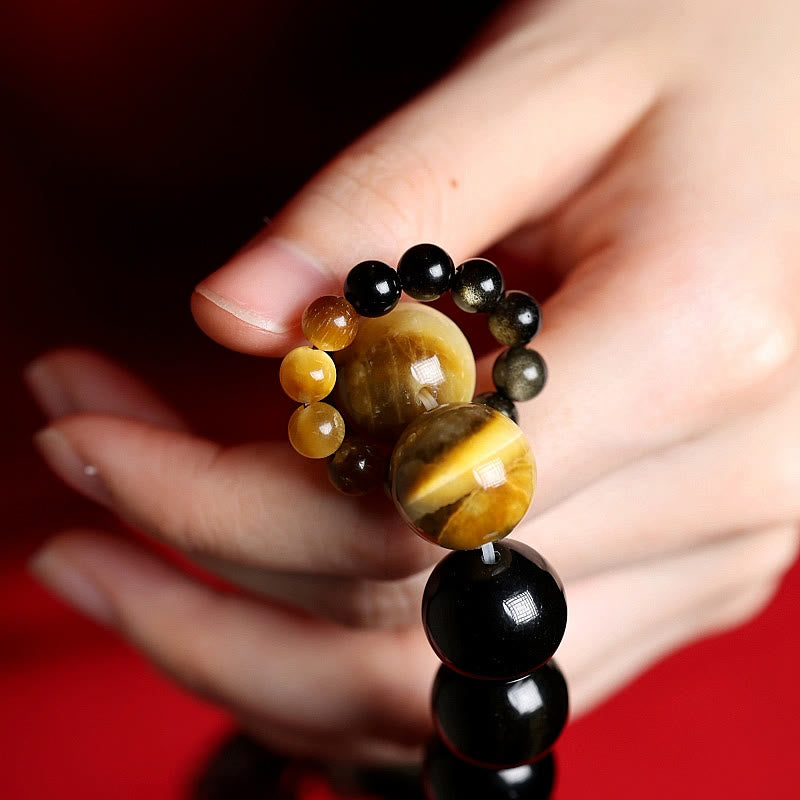 Buddha Stones Natural Gold Sheen Obsidian Tiger Eye Wealth Tassel Bracelet